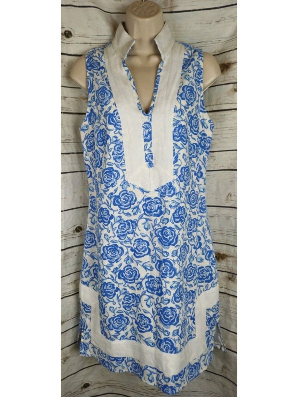 Sail to Sable Blue Floral Shift Dress S Linen Blend Sleeveless